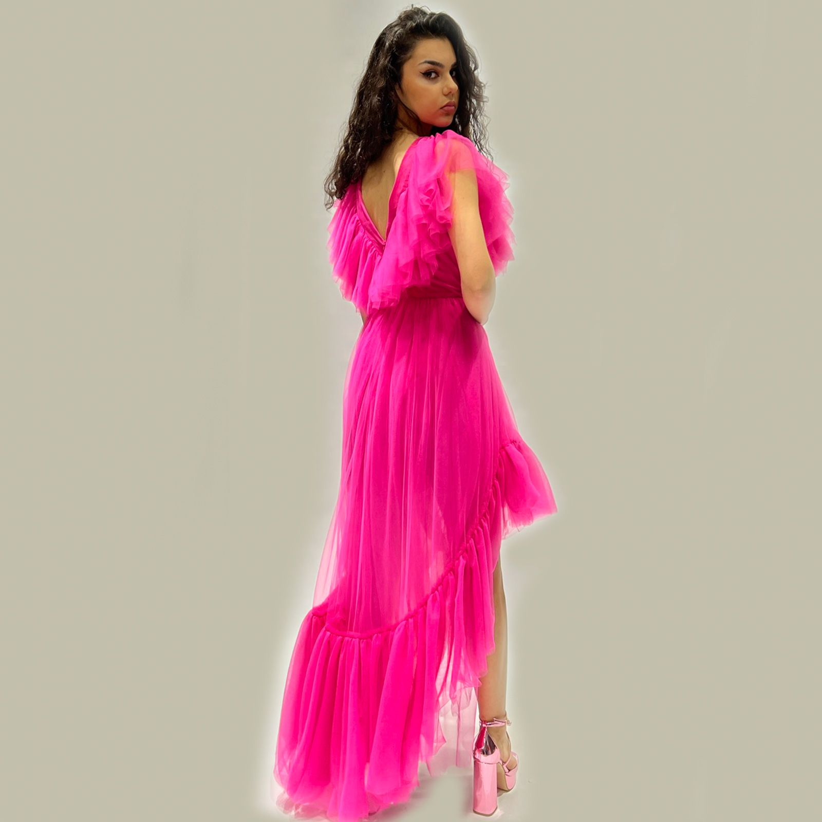 Twins Asymmetrical Tulle Dress T4076 Fuchsia Neon - Collezione by