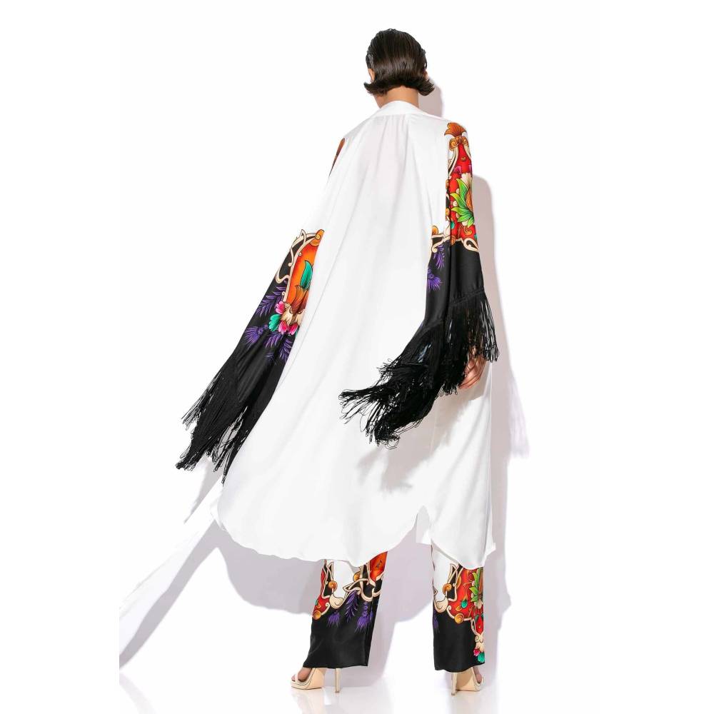 C THROU 2409002 80 Ilektra open front satin print fringed kimono dress